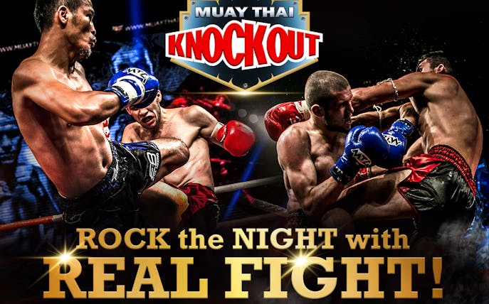 Muay Thai fighters in action during a live knockout event.