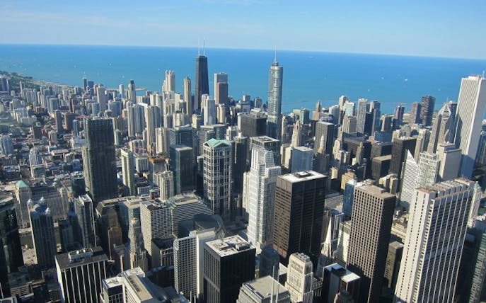 Chicago skyline view from Sky Deck with Lake Michigan in the background.