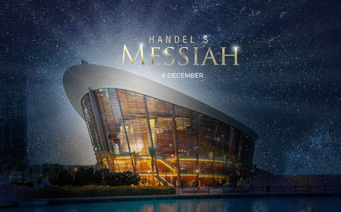 Concert hall illuminated at night for Handel's Messiah event on December 8.