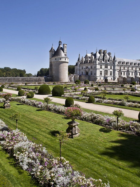 Chenonceau Castle with formal gardens in Loire Valley, France.
