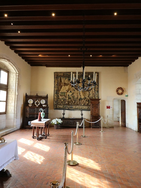 Loire Valley chateau interior with ornate tapestries and antique furniture.