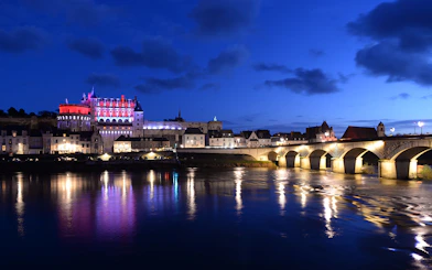 Amboise Castle illuminated at night with reflections on the Loire River, France.