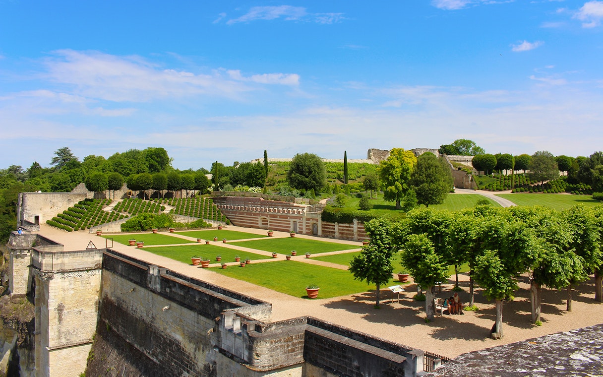 Gardens and terraces at Château de Blois, Chaumont sur Loire, with manicured trees and pathways.