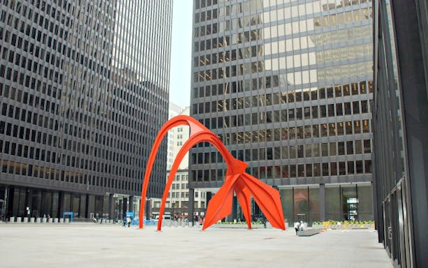 Calder's Flamingo sculpture in Chicago's Federal Plaza during Mini Chicago Tour.