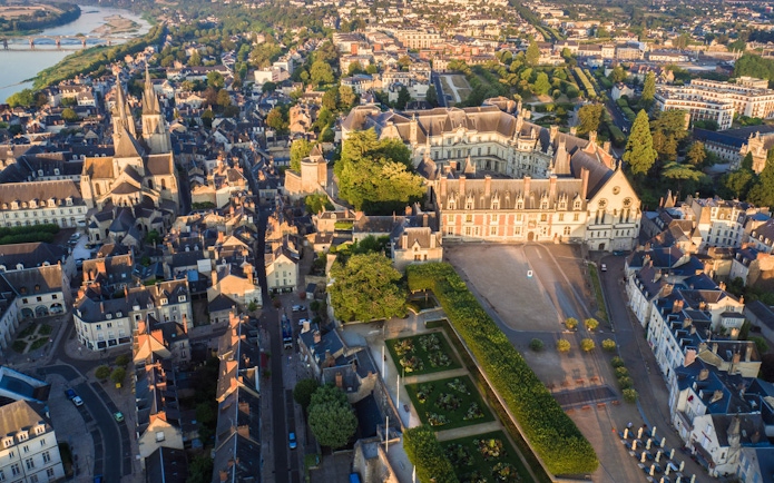 Aerial view of Blois Castle and surrounding town in Blois, France.