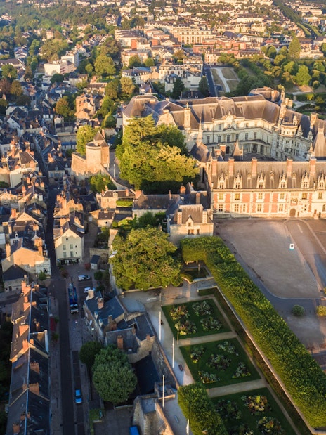 Aerial view of Blois Castle and surrounding town in Blois, France.