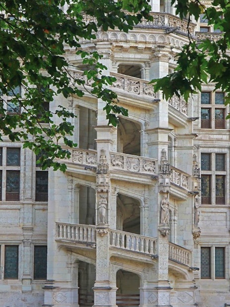 Renaissance staircase at Château de Blois, France, framed by green leaves.