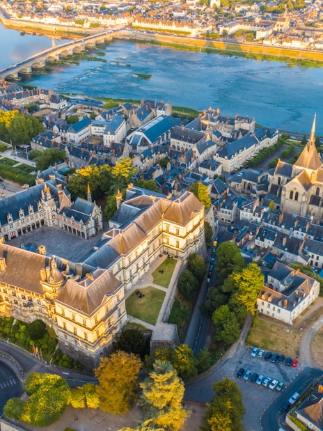 Aerial view of Blois cityscape and Loire River in France, highlighting historic architecture.