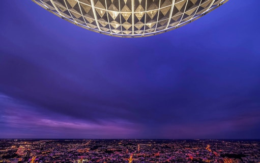 Berlin skyline view from TV Tower at dusk.