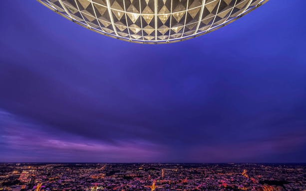 Berlin skyline view from TV Tower at dusk.