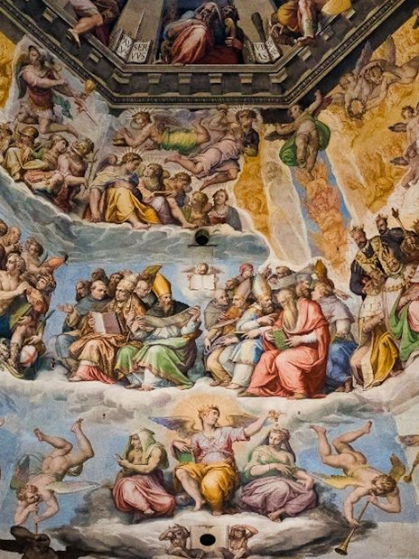 Fresco inside Florence's Duomo depicting religious figures, part of Uffizi and Duomo tour.