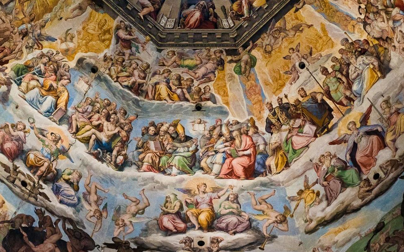 Fresco inside Florence's Duomo depicting religious figures, part of Uffizi and Duomo tour.
