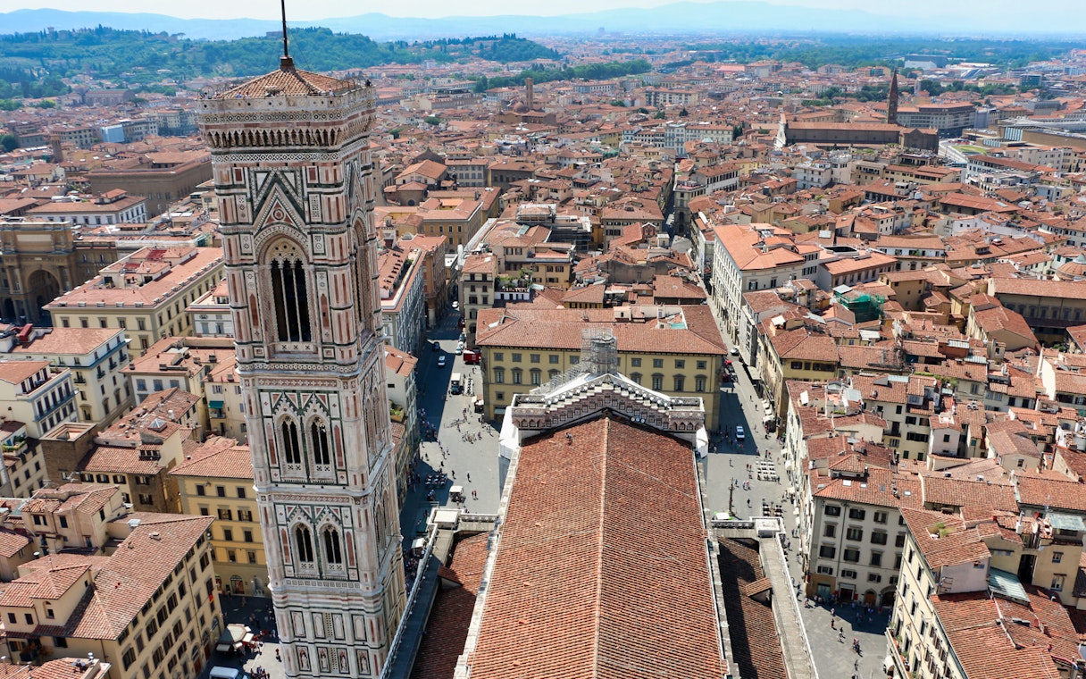 Aerial view of Florence's Duomo and cityscape during Uffizi and Duomo tour.