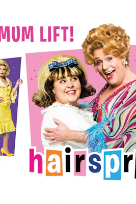 Cast of Hairspray musical in colorful costumes with show title.