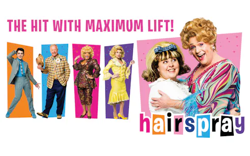Cast of Hairspray musical in colorful costumes with show title.