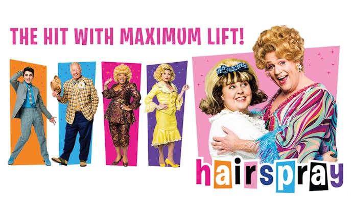 Cast of Hairspray musical in colorful costumes with show title.