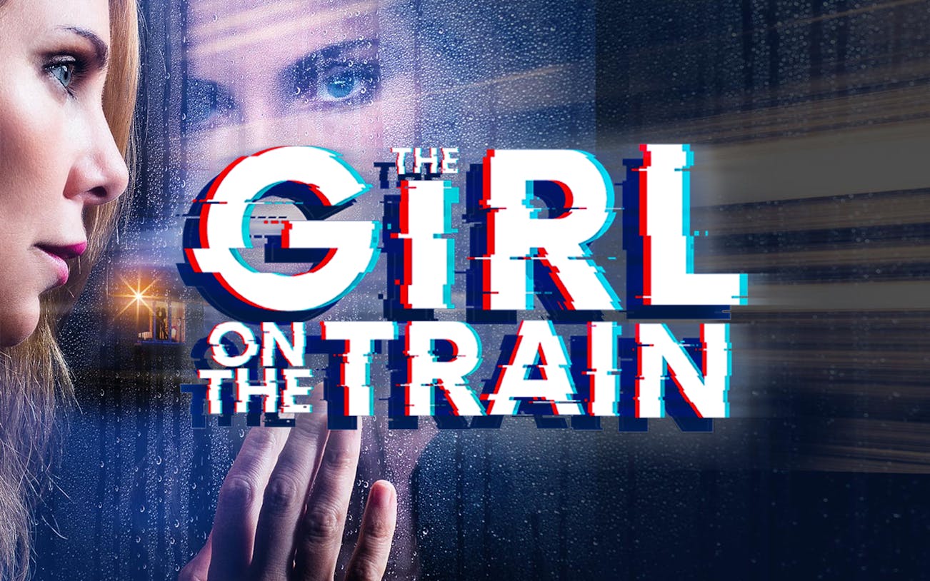 Reflection of a woman on a rainy train window with "The Girl On The Train" text.