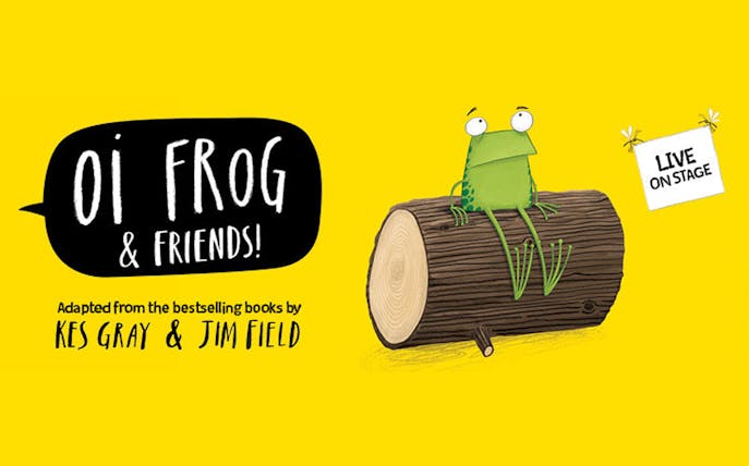 Oi Frog & Friends! stage show poster with a frog on a log.
