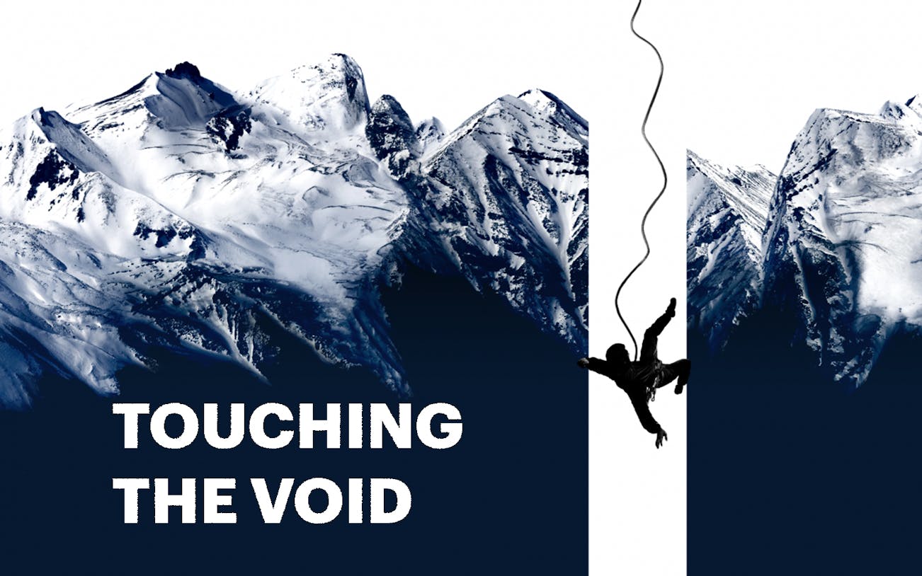 Climber suspended by rope against snowy mountain backdrop, Touching The Void theme.