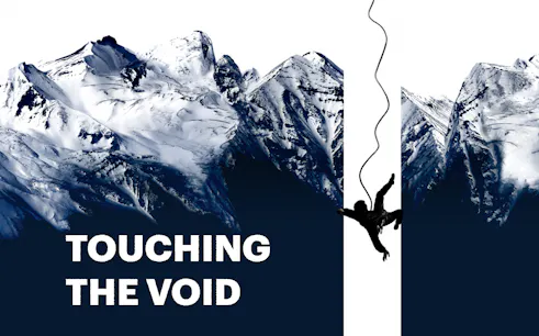 Climber suspended by rope against snowy mountain backdrop, Touching The Void theme.