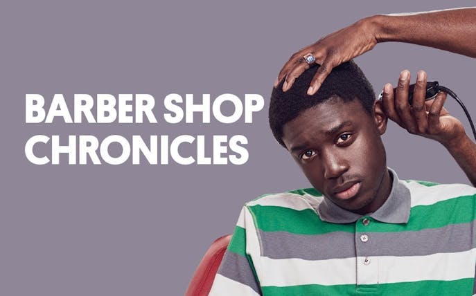 Man getting a haircut, promoting Barber Shop Chronicles.