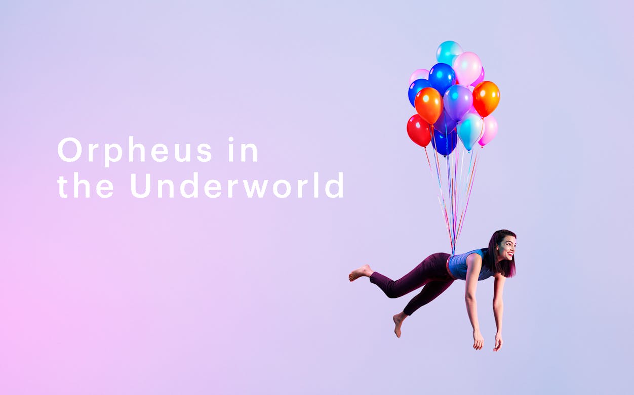 Person floating with colorful balloons, text "Orpheus in the Underworld" on pastel background.