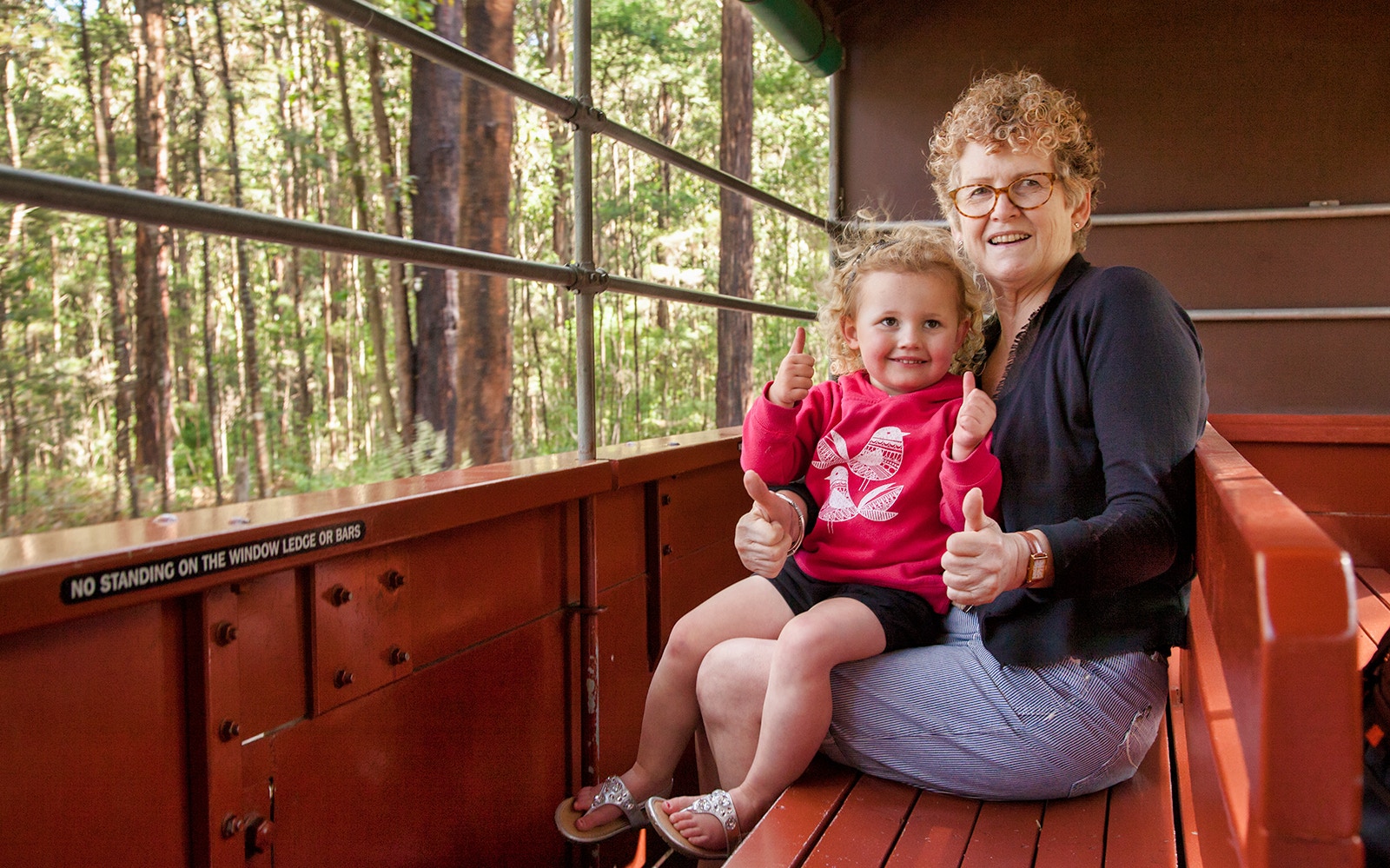 Family enjoying Puffing Billy Steam Train ride through forest.