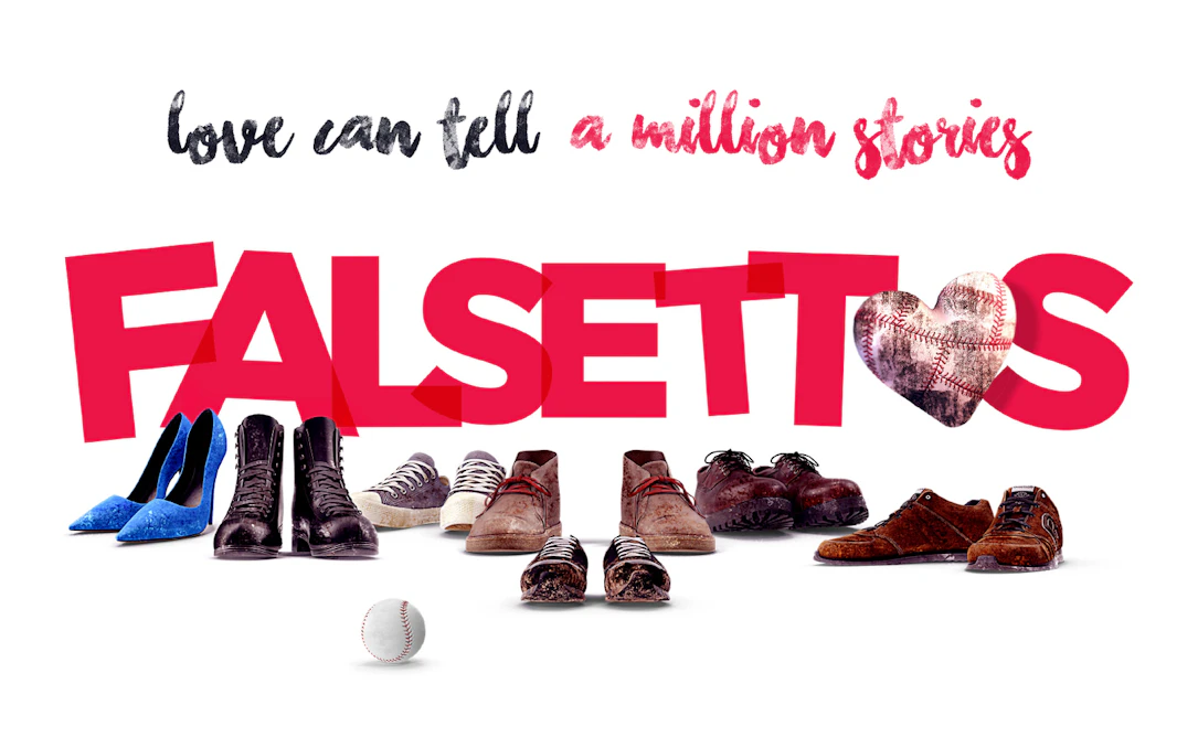 Falsettos logo with various shoes and a baseball, highlighting diverse stories.