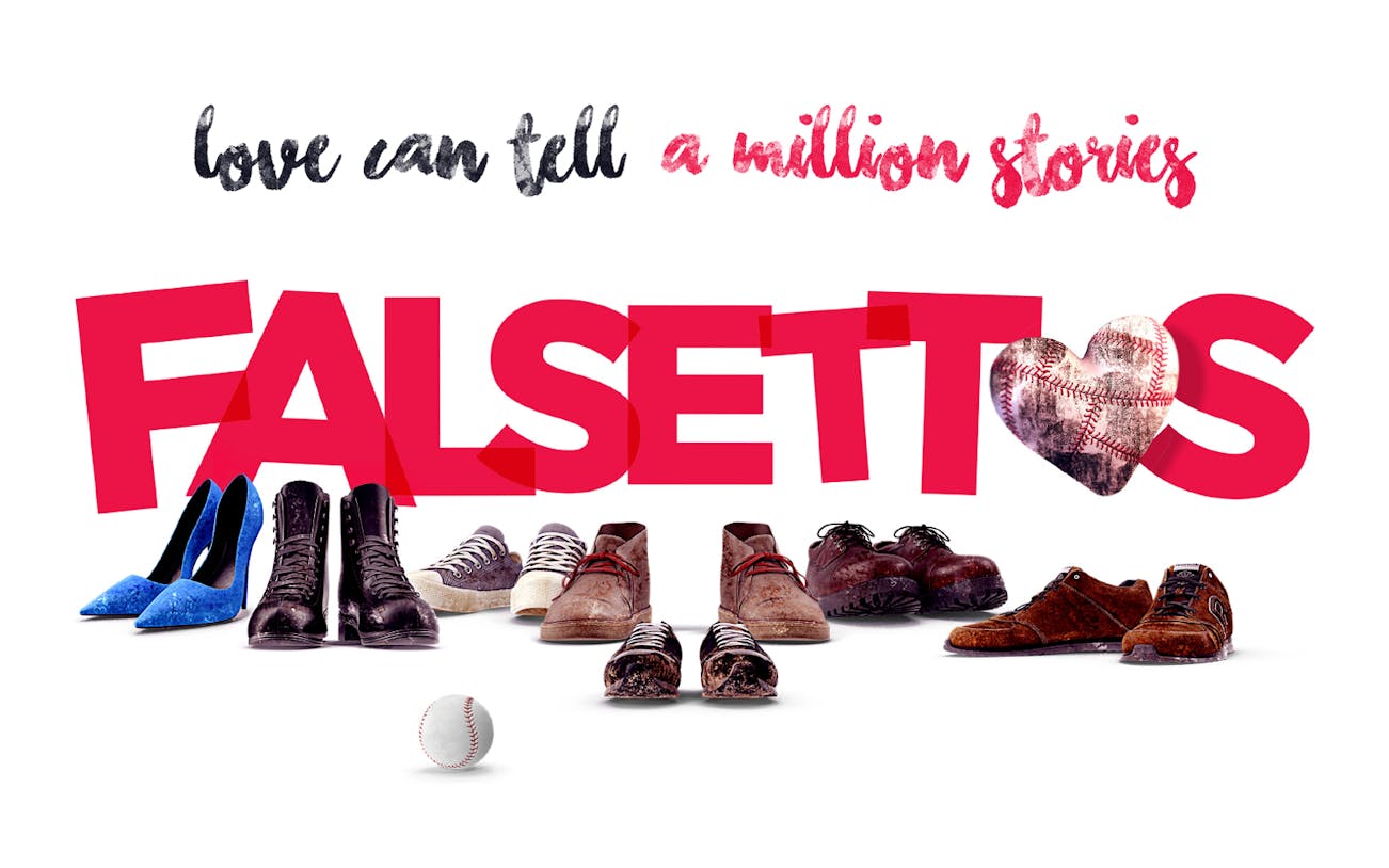 Falsettos logo with various shoes and a baseball, highlighting diverse stories.