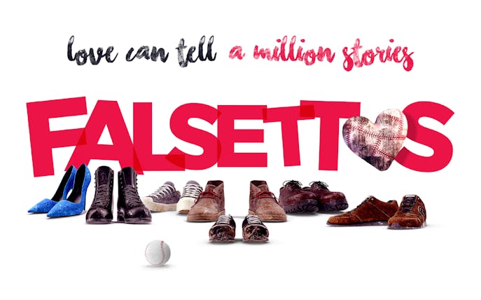 Falsettos logo with various shoes and a baseball, highlighting diverse stories.