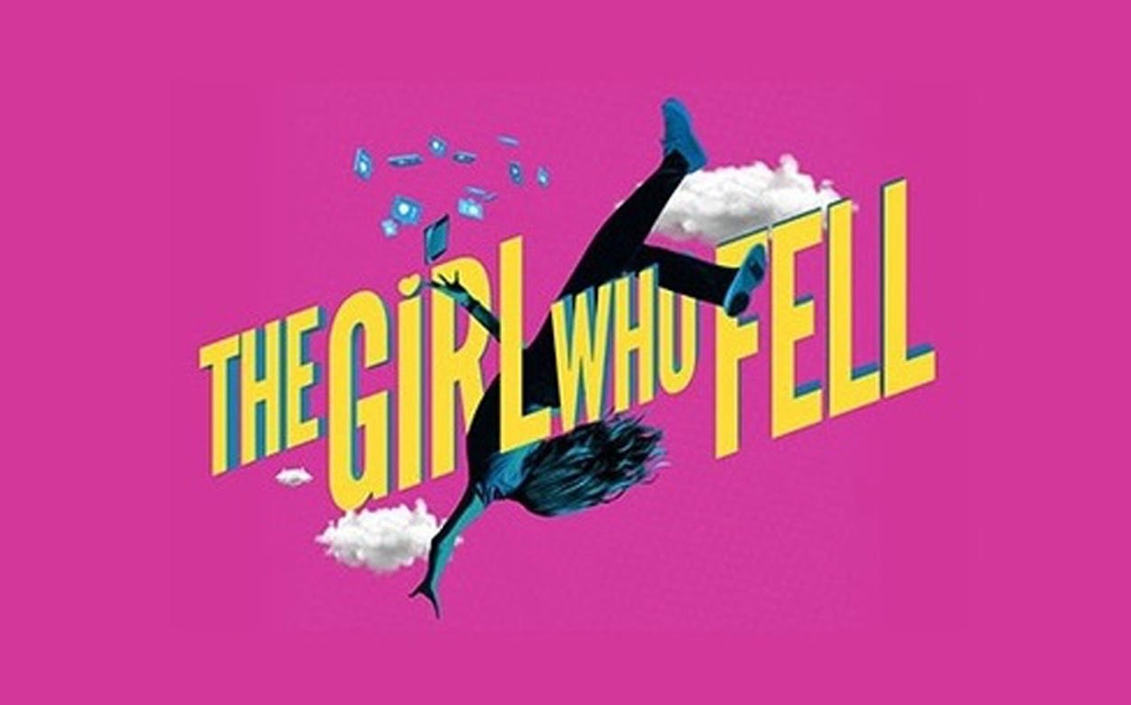 The Girl Who Fell text with falling figure and clouds on pink background
