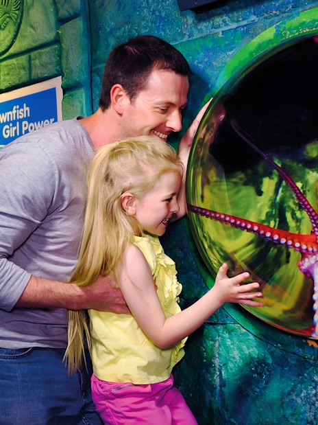 Family observing octopus at Sea Life London Aquarium exhibit.