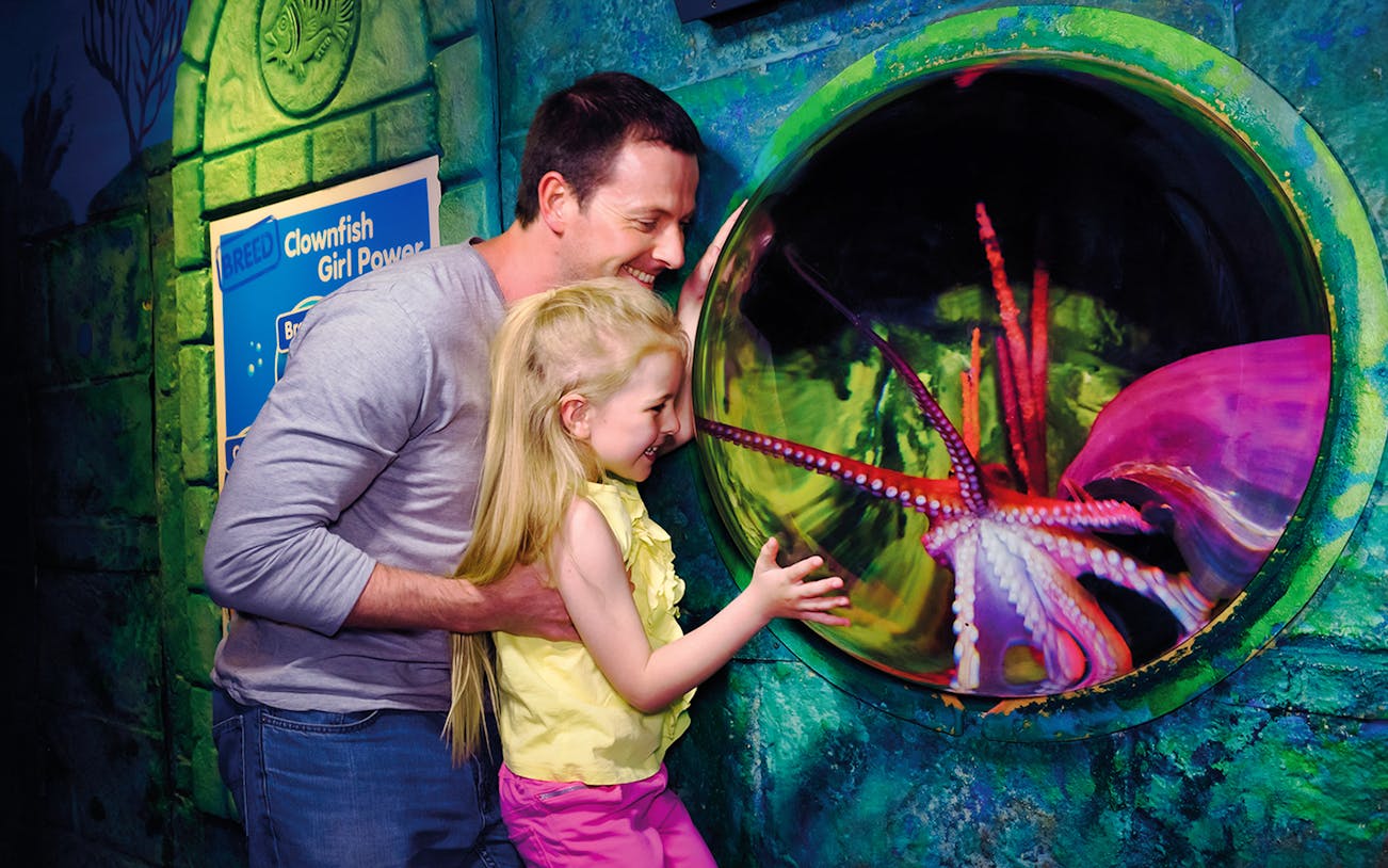 Family observing octopus at Sea Life London Aquarium exhibit.