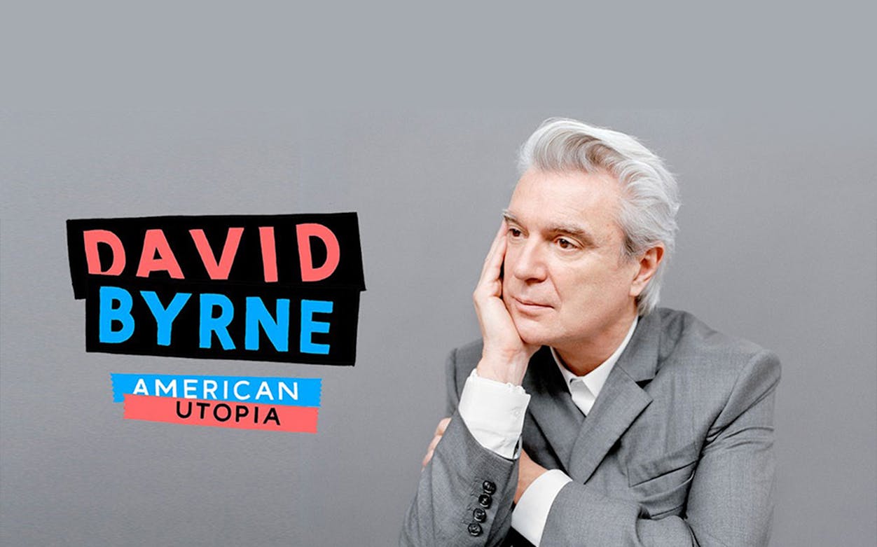 David Byrne in a suit next to "American Utopia" text.