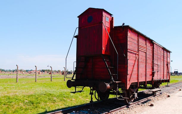 Historic train car at Auschwitz Birkenau, part of Krakow day tour.