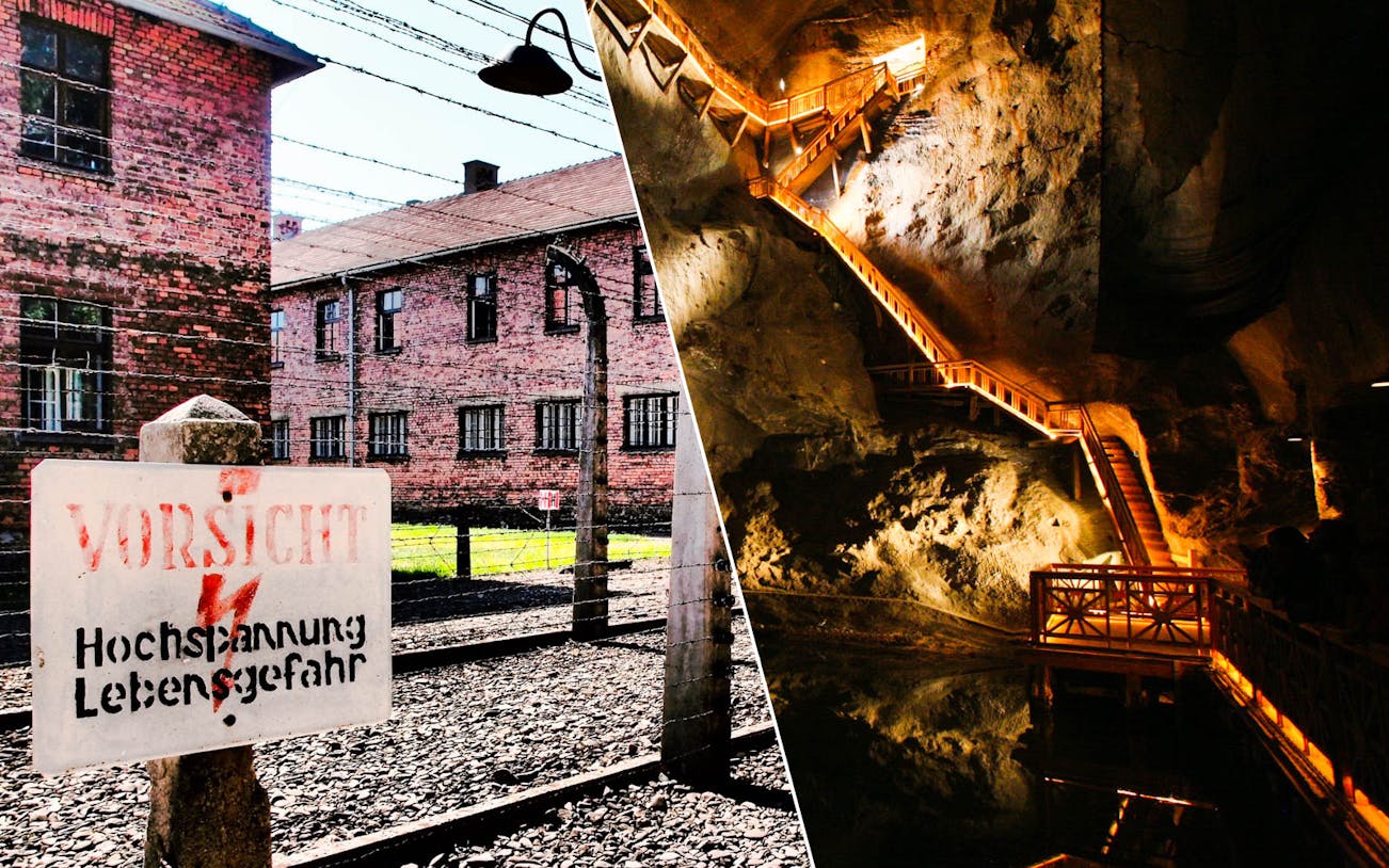 Auschwitz Birkenau barbed wire fence and Wieliczka Salt Mine staircase on Krakow day tour.