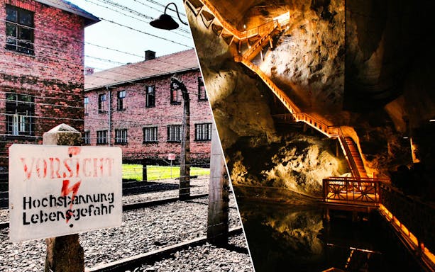 Auschwitz Birkenau barbed wire fence and Wieliczka Salt Mine staircase on Krakow day tour.