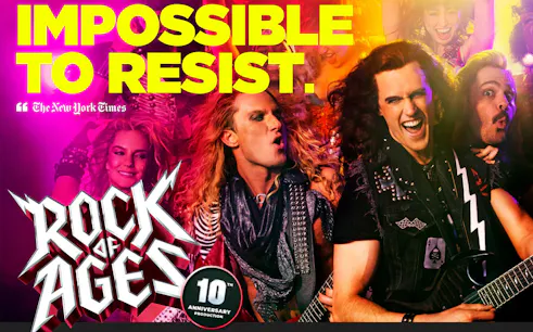 Rock of Ages performers playing guitars on stage with vibrant lighting.