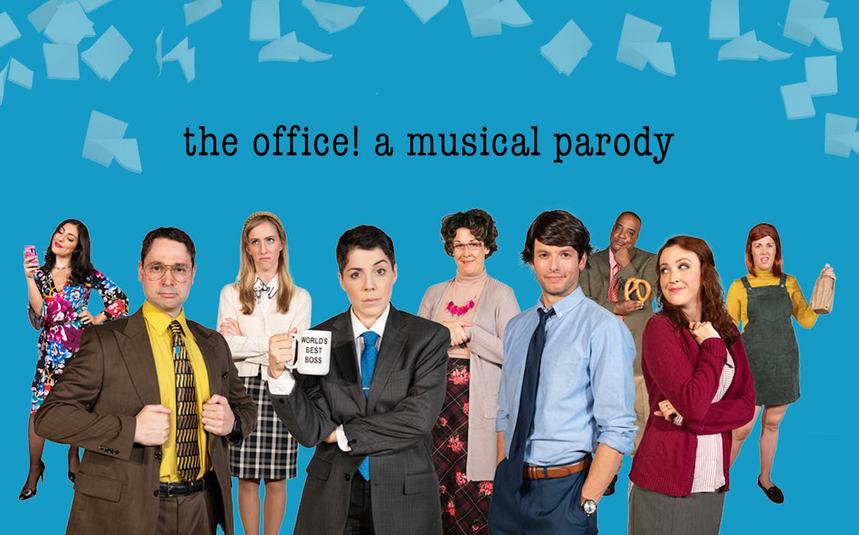 Cast of "The Office! A Musical Parody" posing with props against a blue background.