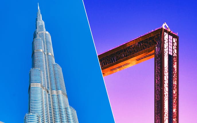 Burj Khalifa and Dubai Frame against clear sky, combo ticket attraction.