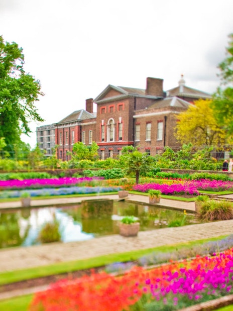Kensington Palace gardens with vibrant flowers and reflecting pool in London.