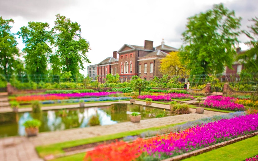 Kensington Palace gardens with vibrant flowers and reflecting pool in London.