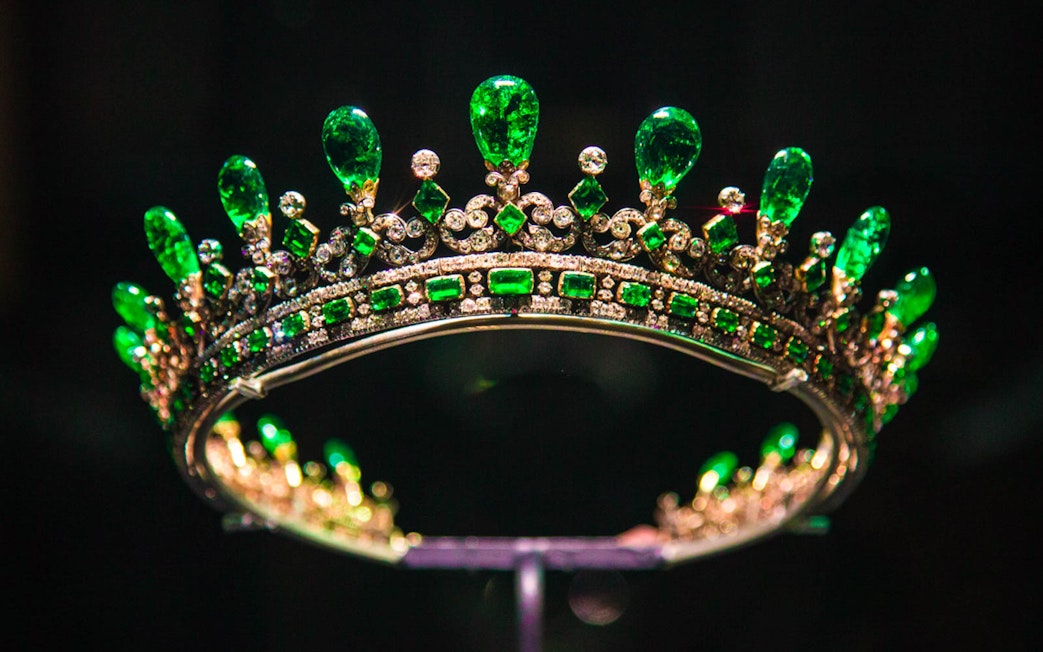 Emerald and diamond crown on display at Tower of London, part of 3 Palace Pass.