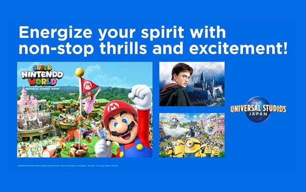 Universal Studios Japan attractions featuring Super Nintendo World, Harry Potter, and Minions.