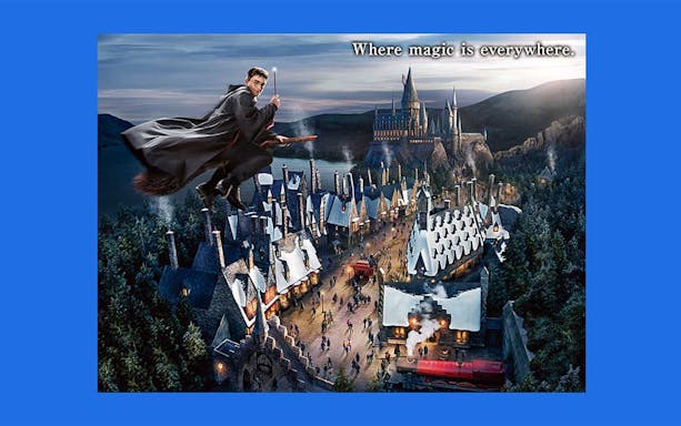 Flying wizard over magical village with castle in background, Test Sri Hari.