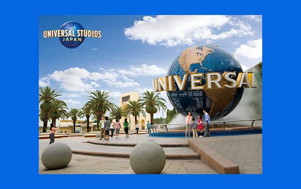 Universal Studios Japan globe with visitors in Osaka.