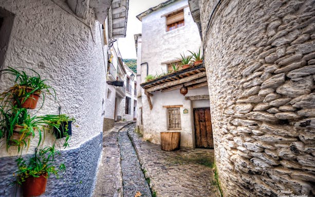 Narrow cobblestone street with whitewashed houses in Alpujarras, Granada.