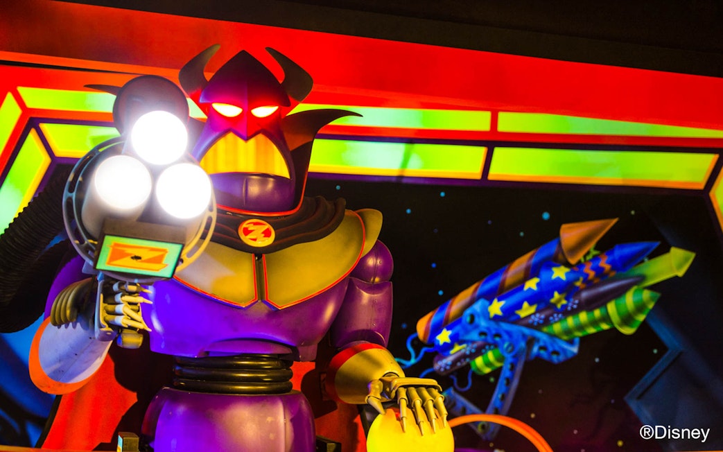 Buzz Lightyear Laser Blast ride scene at Disneyland Paris.