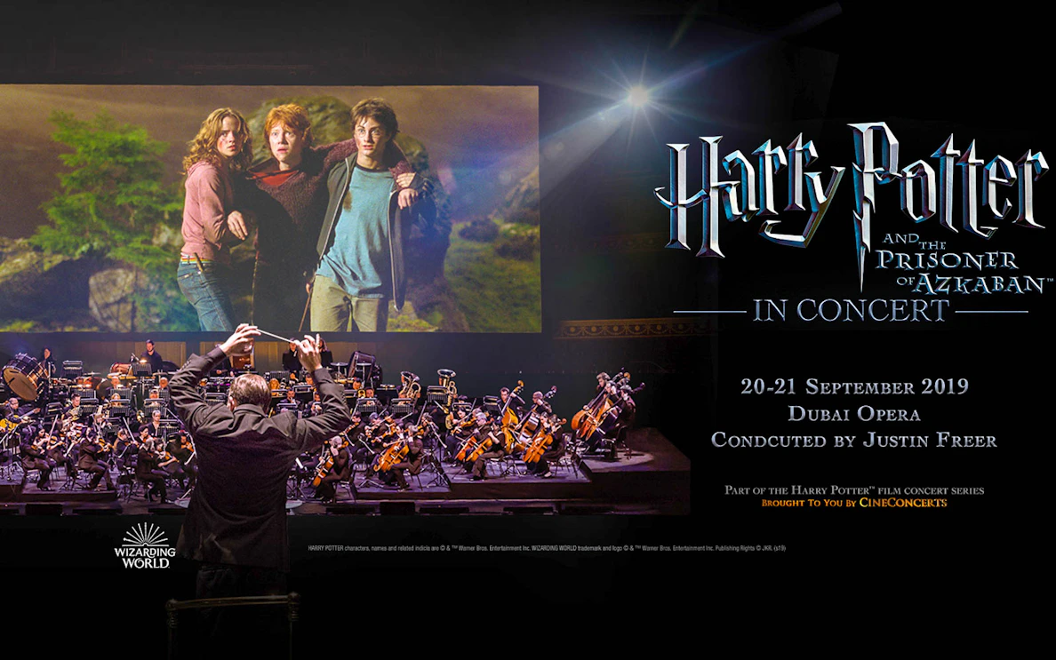 Harry Potter film scene with live orchestra at Dubai Opera for Prisoner of Azkaban™ concert.