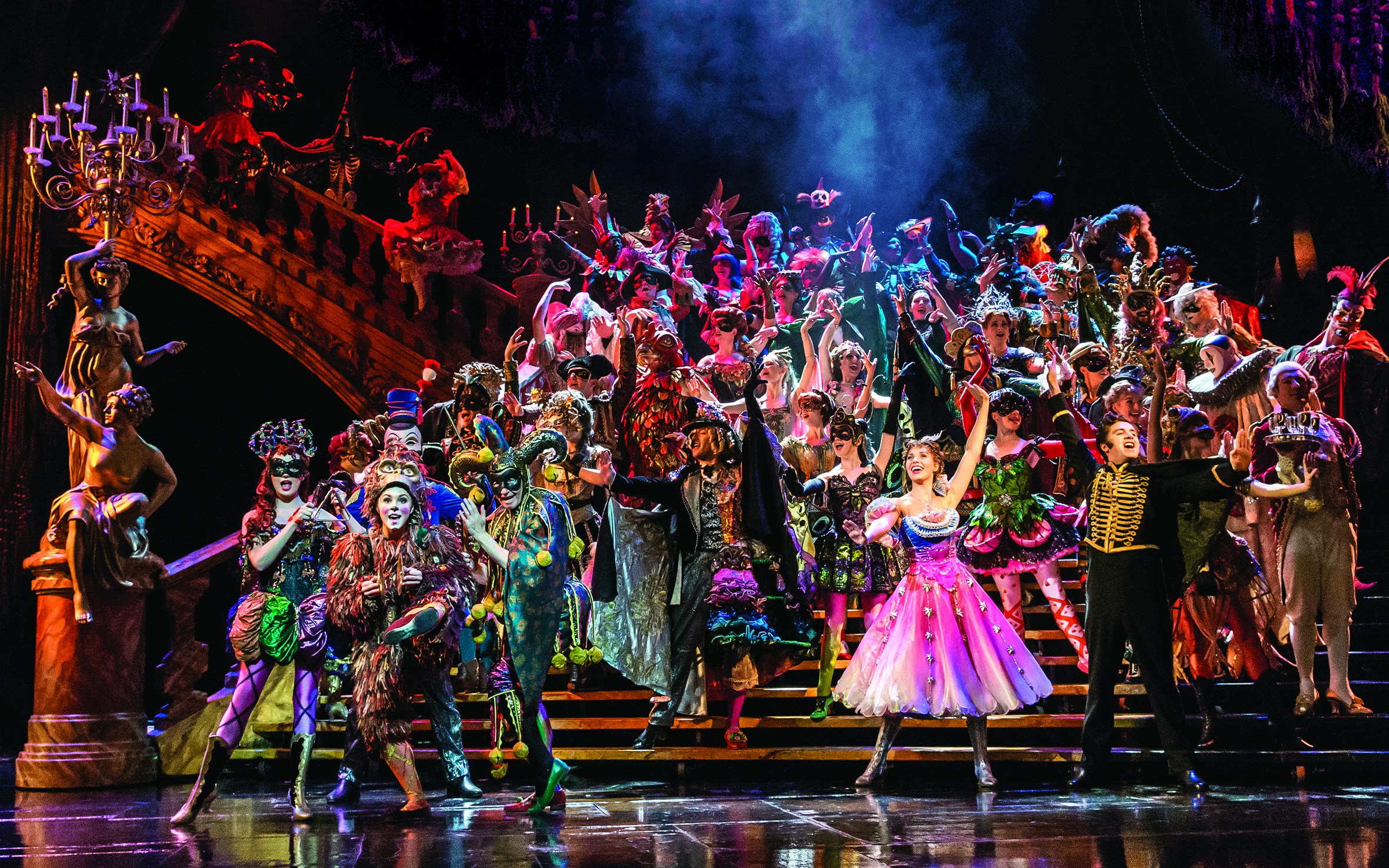 Theater stage with Phantom of the Opera performance, London, followed by dinner at Farzi Cafe.